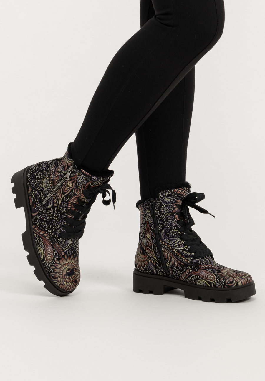 blumige Stiefelette Nubukleder schwarz/floral