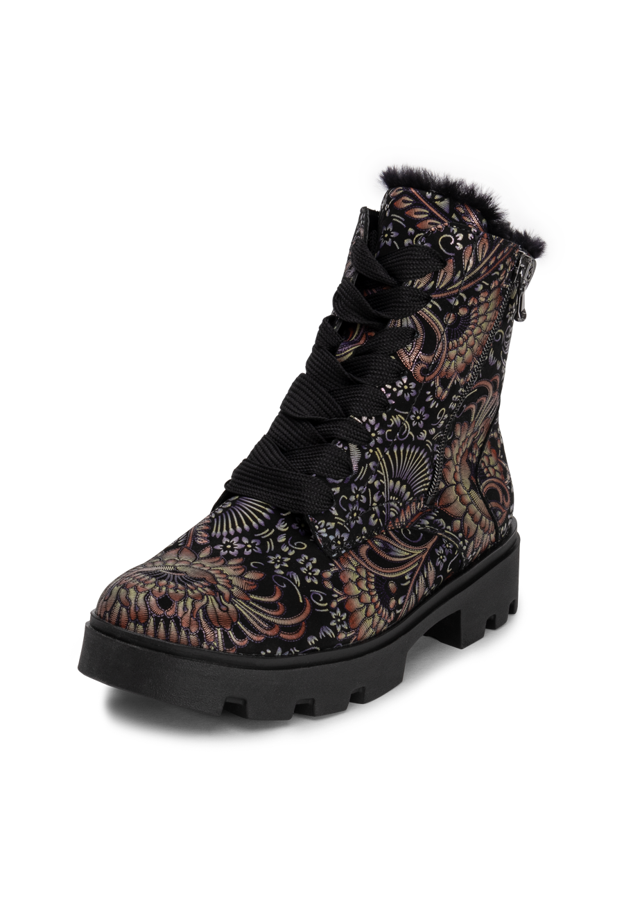 blumige Stiefelette Nubukleder schwarz/floral